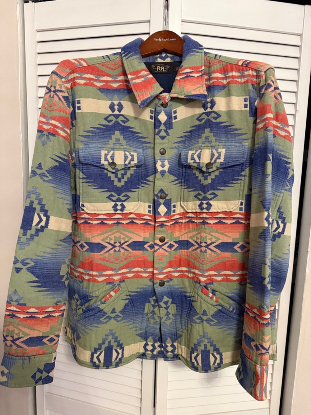 Ralph Lauren RRL Southwestern Print Button-Up Jacket in Olive, Blue & Coral